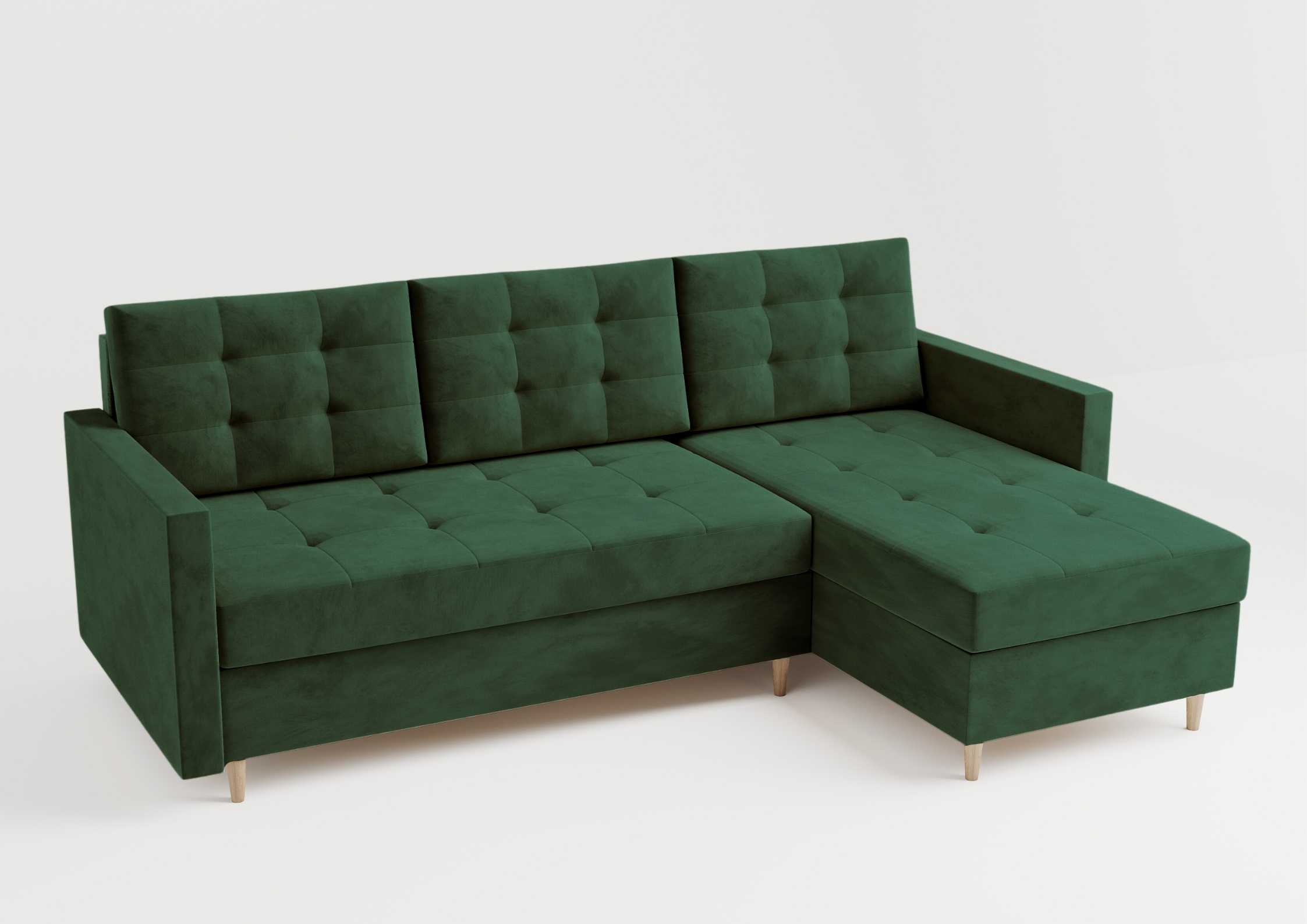 Pikowany narożnik skandynawski z funkcją spania na drewnianych nogach w kolorze zielonym